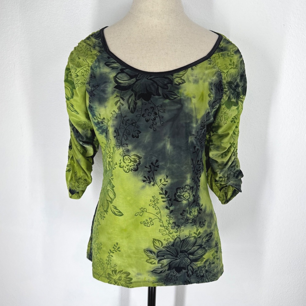 Vintage Y2K Floral Flocked Tie Dye Ruched Top Small Forest Fairy‎ Grunge Green